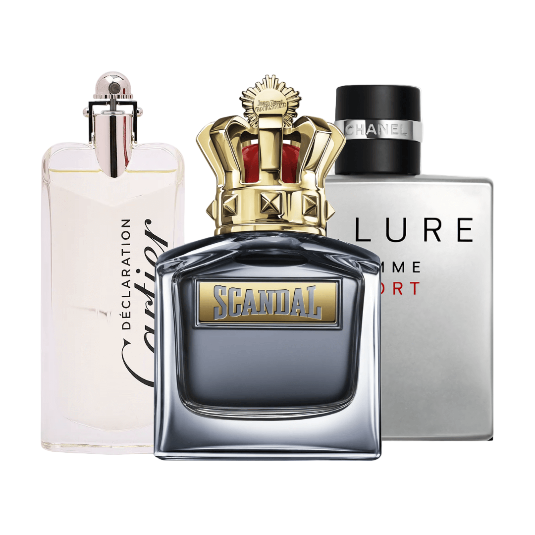 Conjunto de 3 perfumes Allure Homme Sports, Jean Paul Gaultier Scandal, Cartier Declaration 100ml