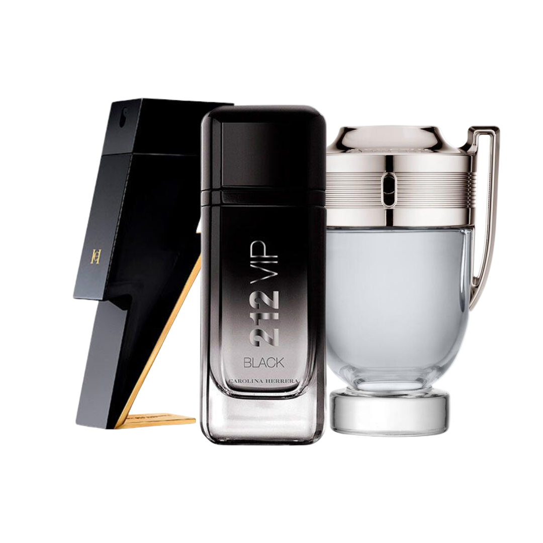 Combo 3 perfumes Carolina Herrera BAD BOY, Carolina Herrera 212 VIP BLACK e Paco Rabanne INVICTUS 100ml - Madrid Perfumes